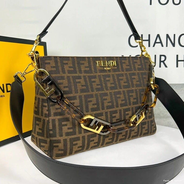Vintage HOT FF In Fendi Fabric Motif Bag Shoulder Zip O'Lock Brown 0823
